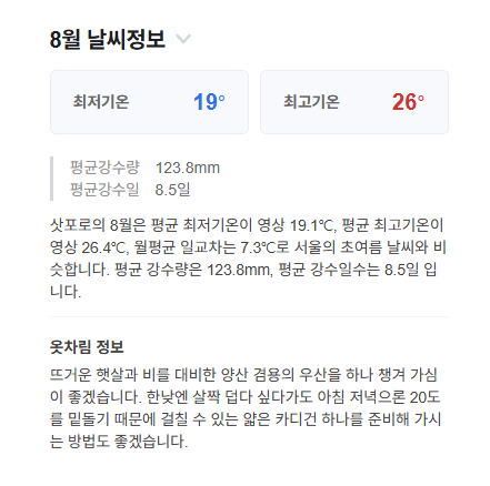 삿포로 8월 평균기온 기후 정보
