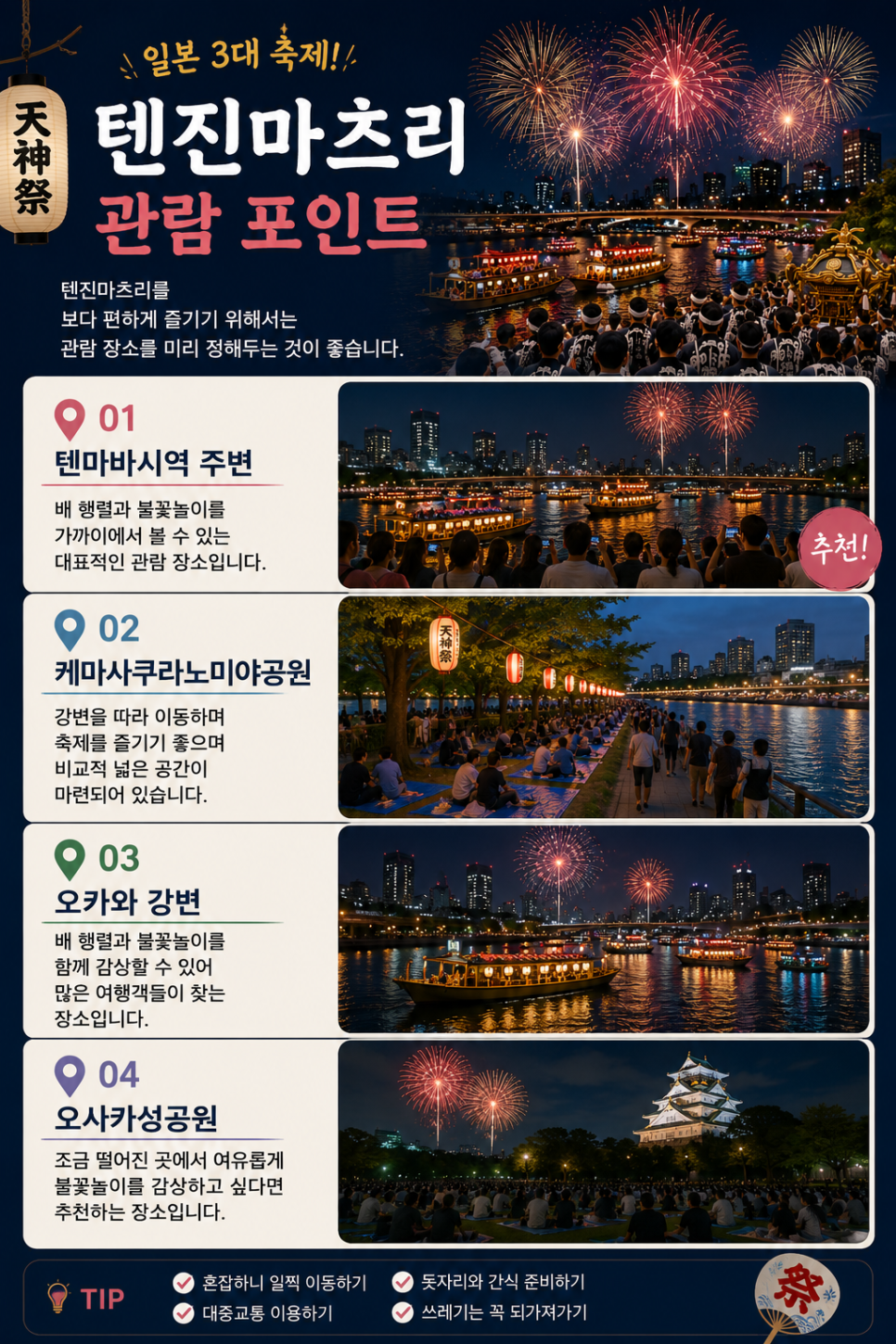 텐진마츠리 배 행렬과 불꽃놀이 관람 장소