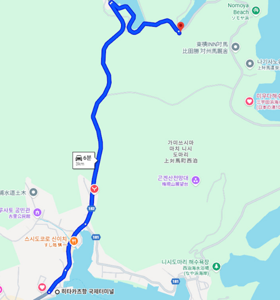 슬로스 글램핑과 히타카츠 항 거리 안내