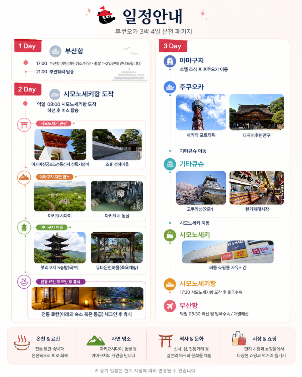 큐슈 여행에서 관광지와 온천지역을 이동하는 모습