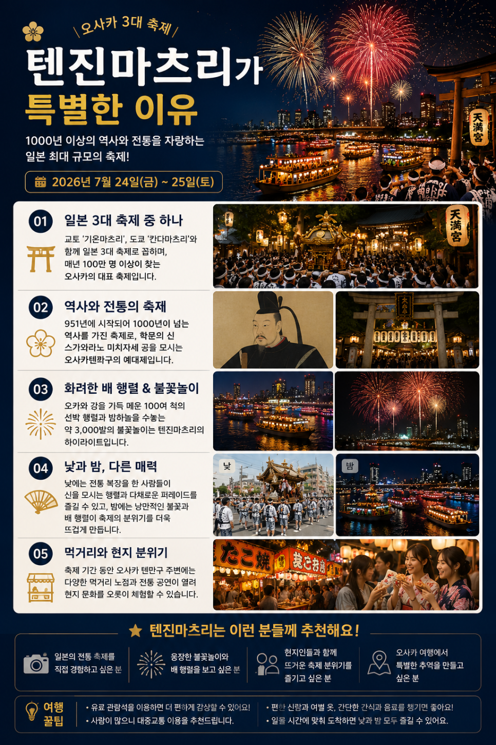 오카와 강 주변에서 열리는 텐진마츠리 풍경