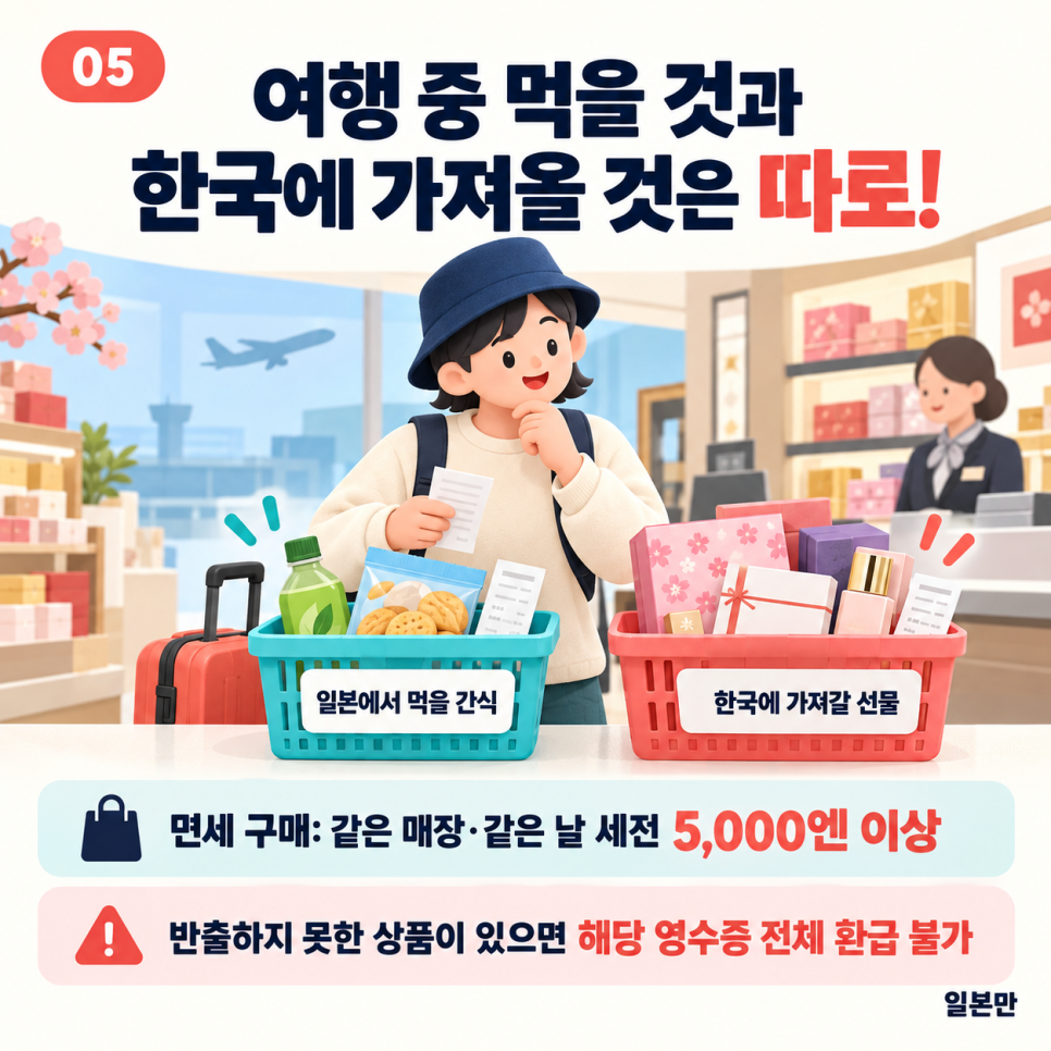 면세 환급을 위해 구매품과 국내 반입 상품을 구분하는 쇼핑 안내