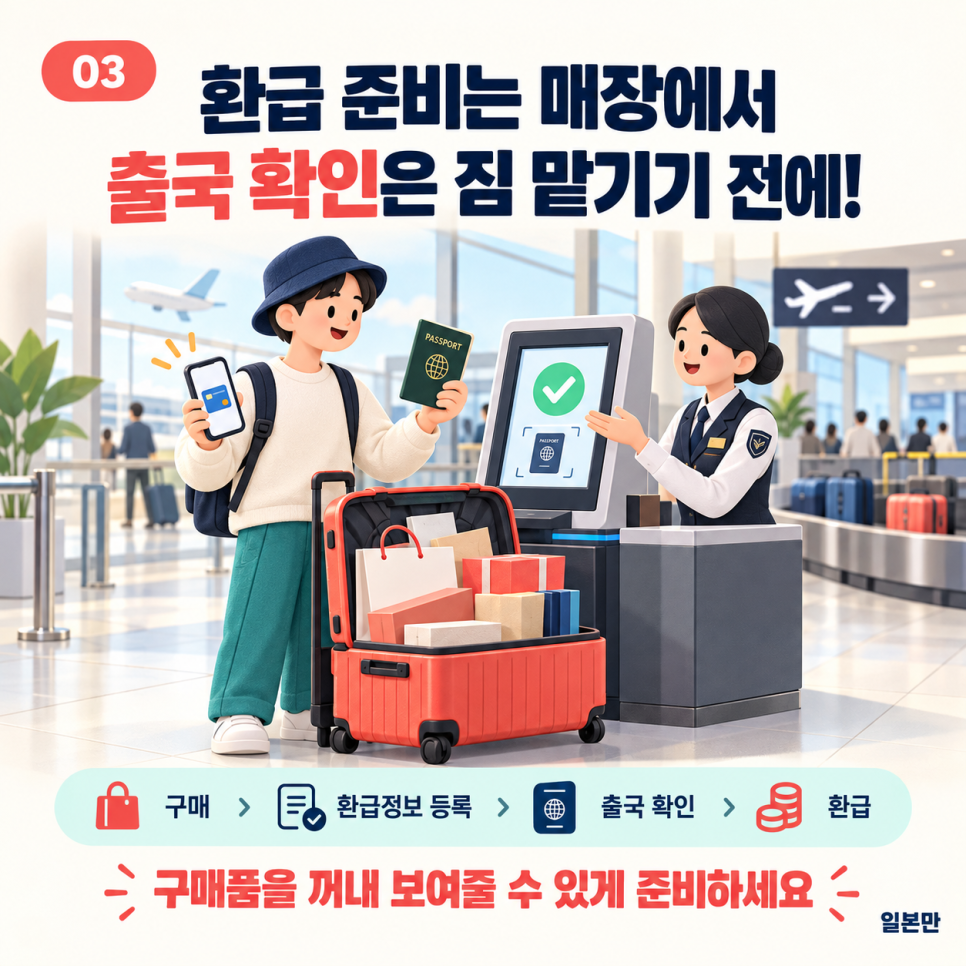 면세 상품 구매 후 출국 확인과 소비세 환급까지 진행하는 절차
