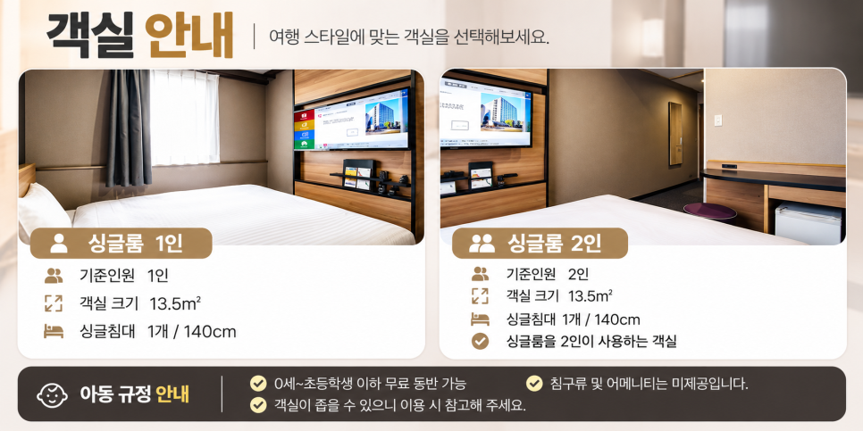 약 13.5㎡ 규모의 호텔 싱글룸 내부