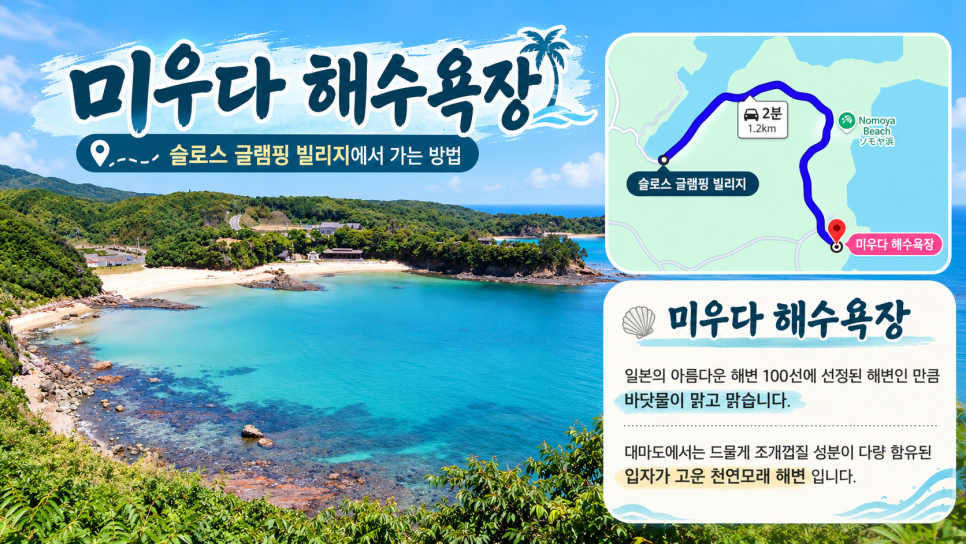 슬로스 글램핑에서 차량으로 약 7분 거리인 미우다 해수욕장